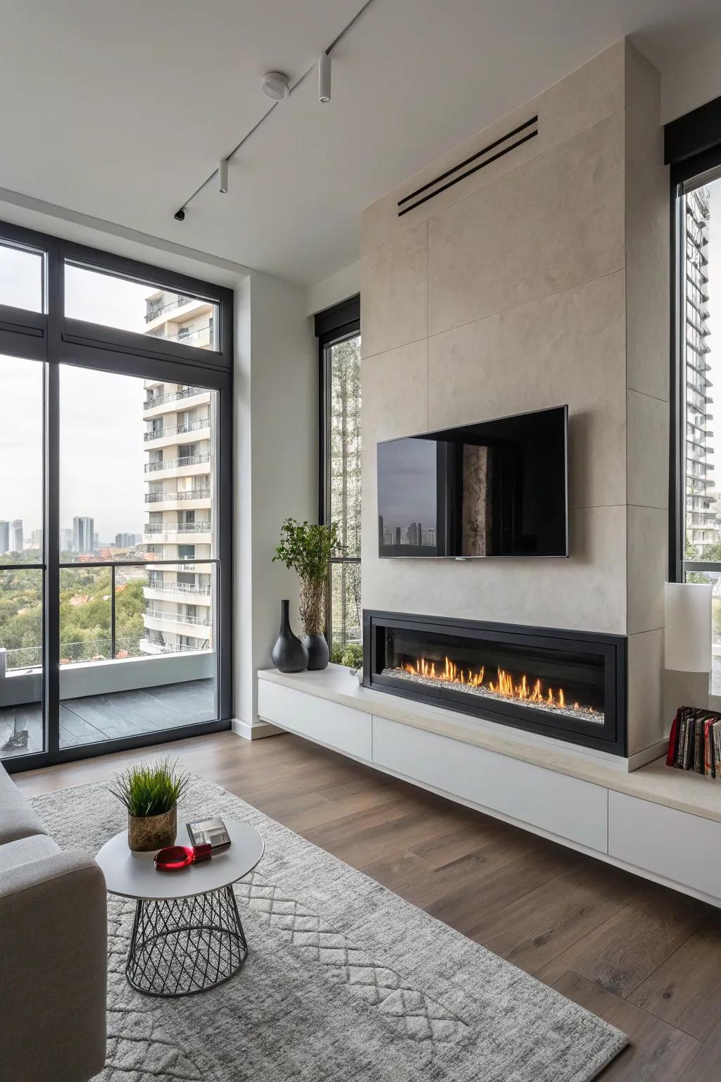 A modern apartment showcasing a chic wall-set propane fireplace.