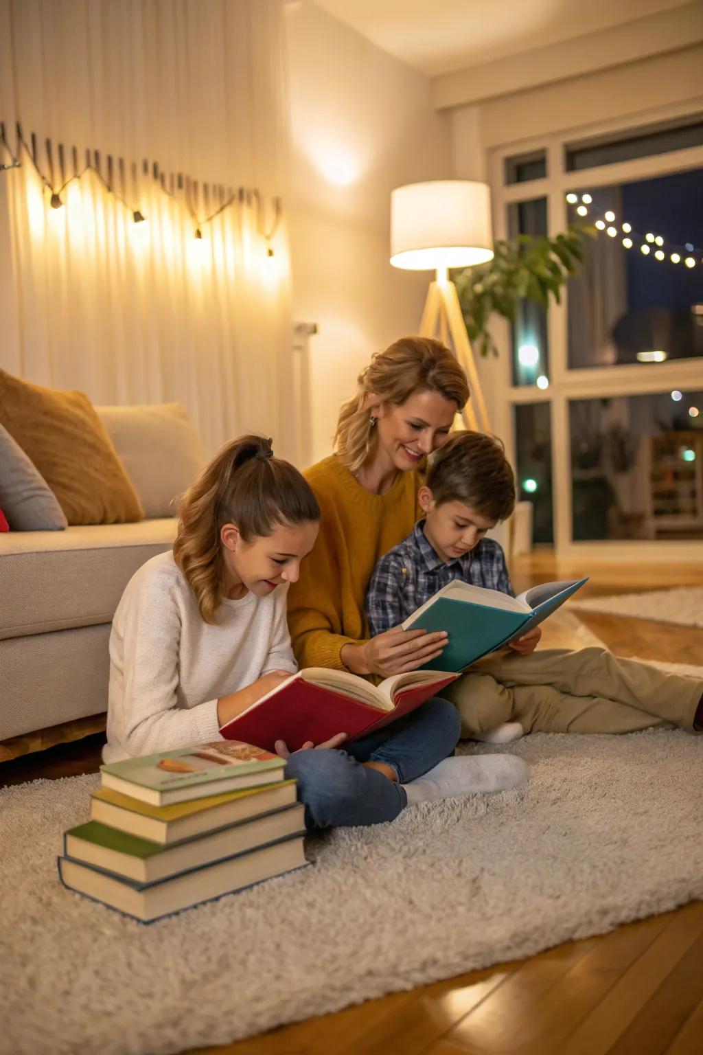 Cultivate a warm, intimate scene using a comfortable story time arrangement.