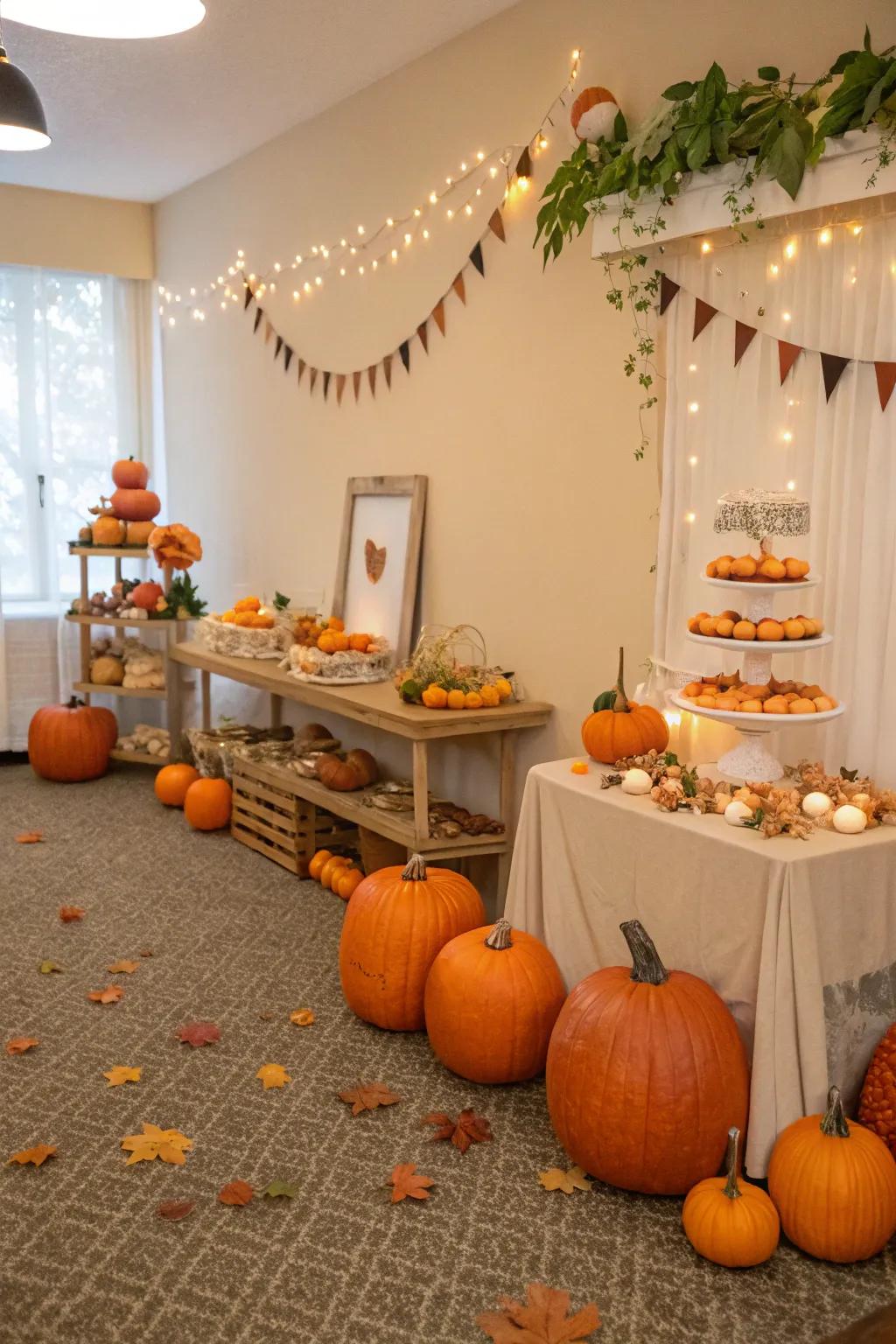 Scaled pumpkins add a playful touch to the decor.