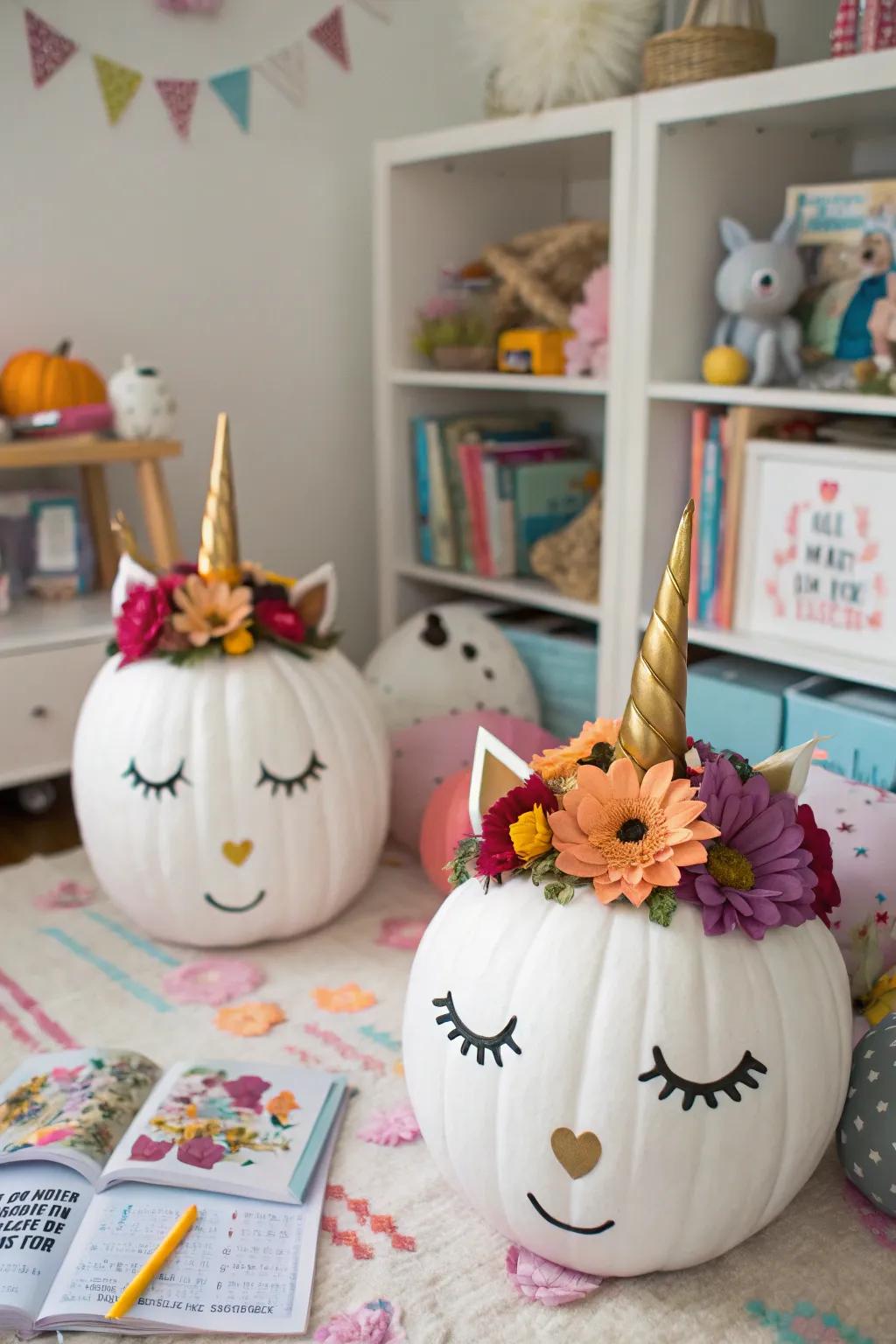 Mythical equine pumpkins fashion a whimsical and enchanting ambiance.
