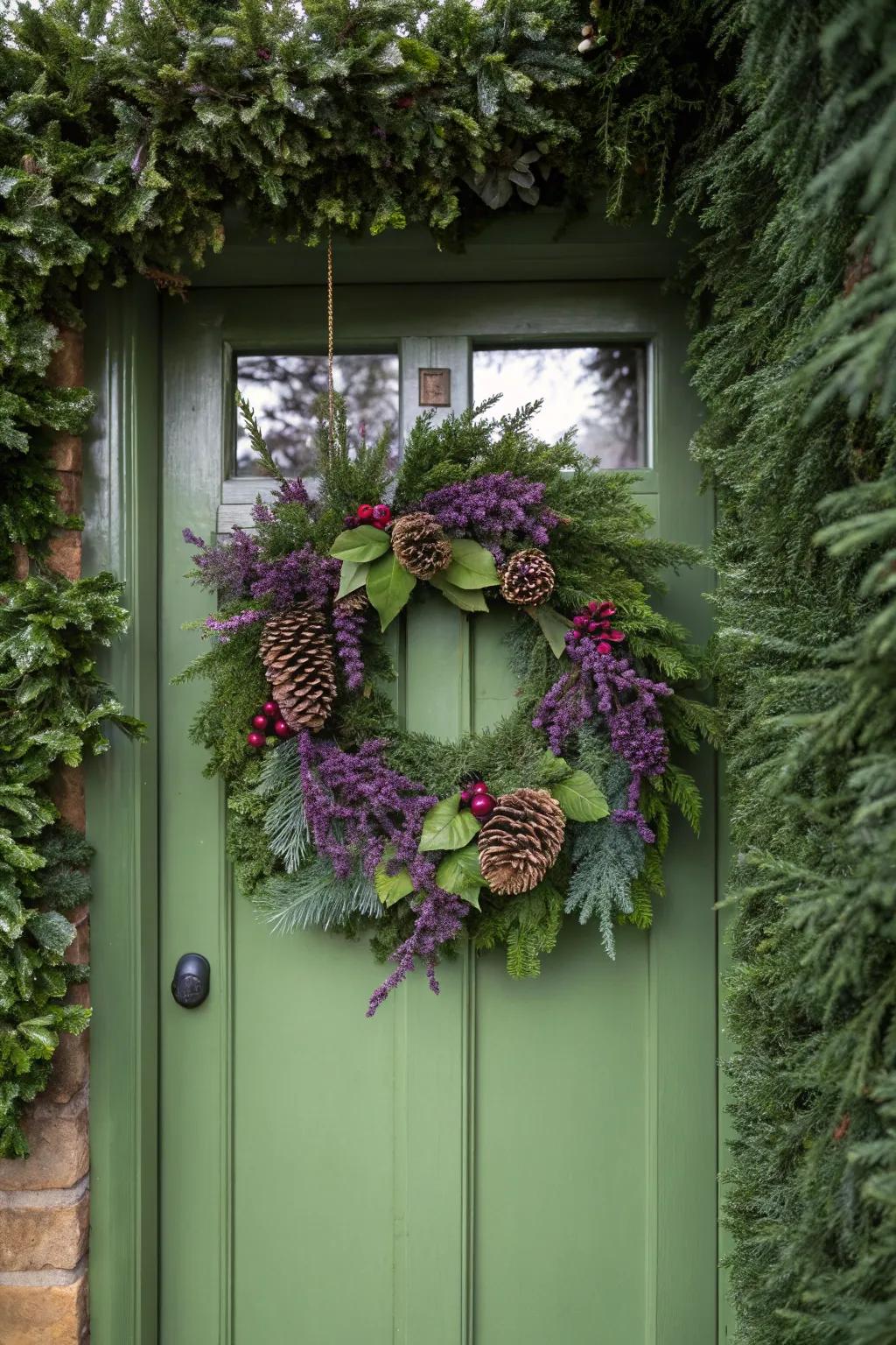 Purple and greenery create a vibrant holiday contrast.