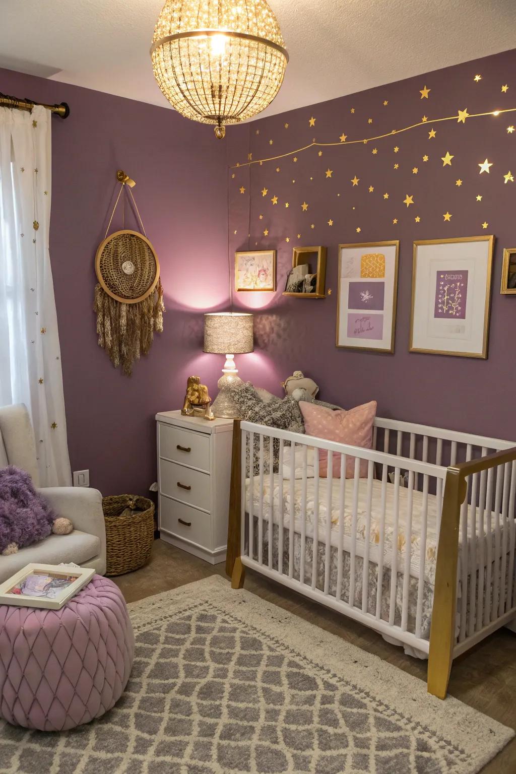 Metallic touches contribute a hint of opulence to purple decor.