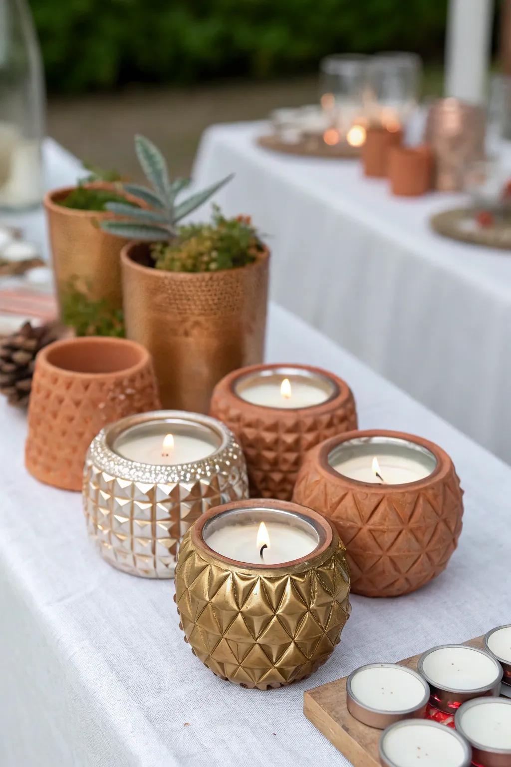 Unique tealight holders add an eclectic charm to table settings.