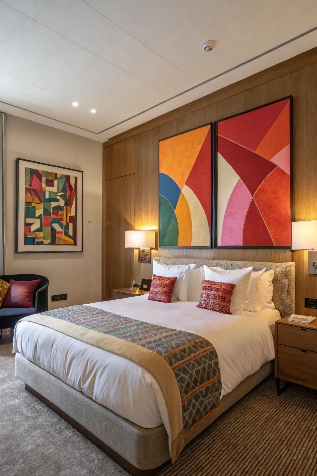 Remarkable abstract art making a statement in the bedroom.