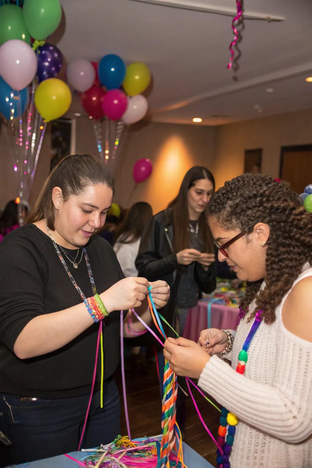 Visitors creating spectrum friendship bands as party souvenirs.