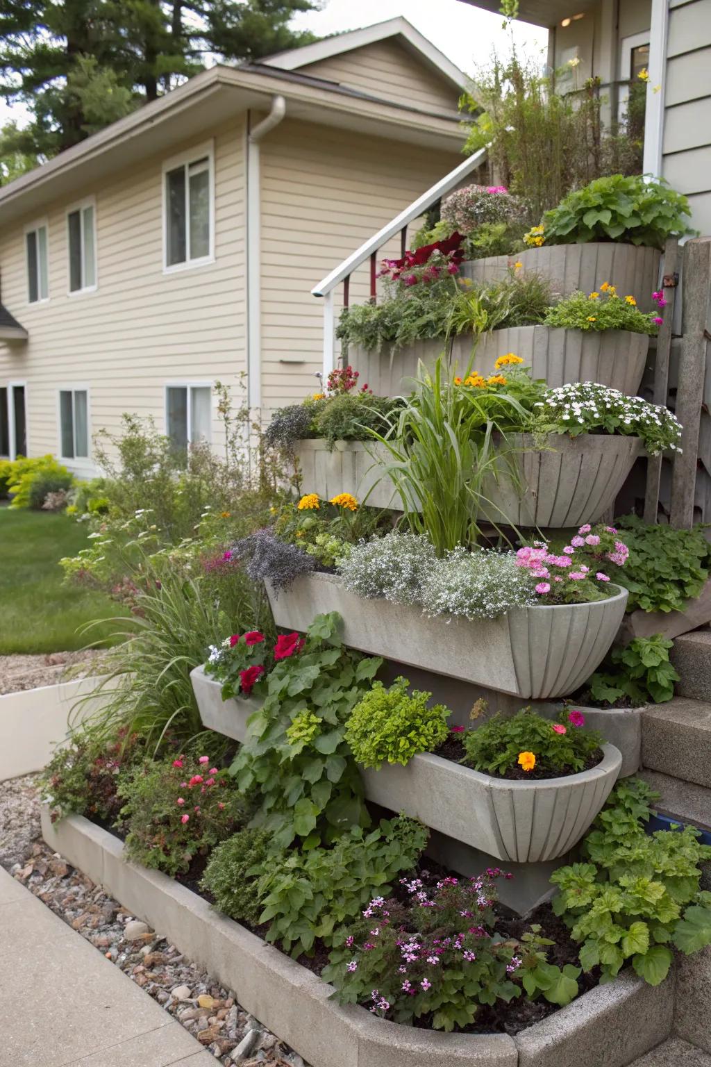 Varied-height planters introduce height and interest.