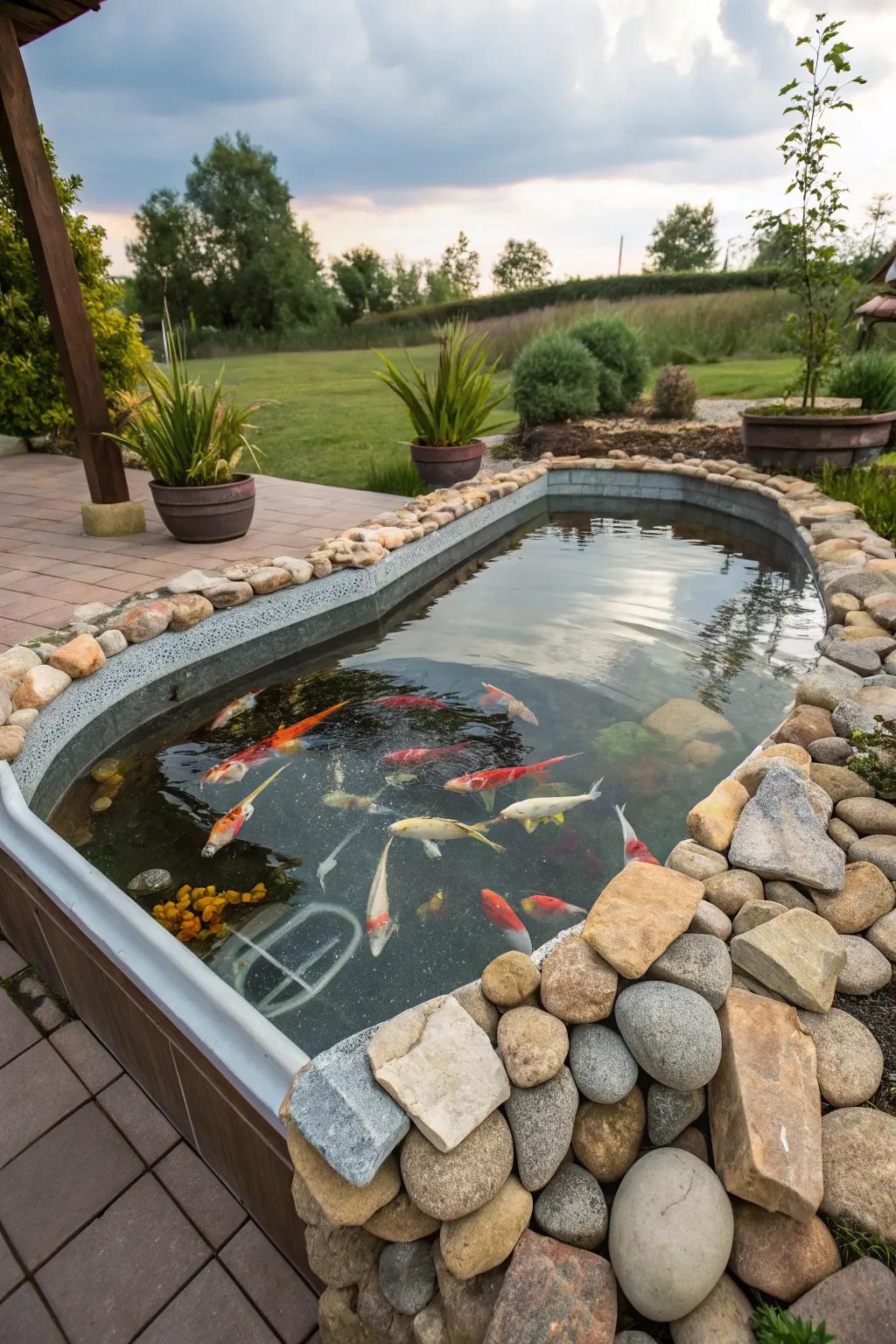 A creative transformation of a hot tub into a koi pond.