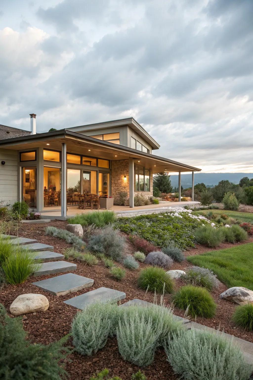 Asymmetrical elements create a balanced yet unique look.