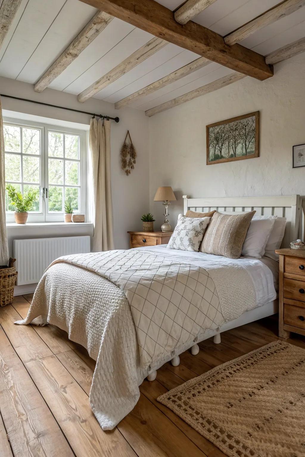 A countryside bedroom featuring Scandinavian design aspects.