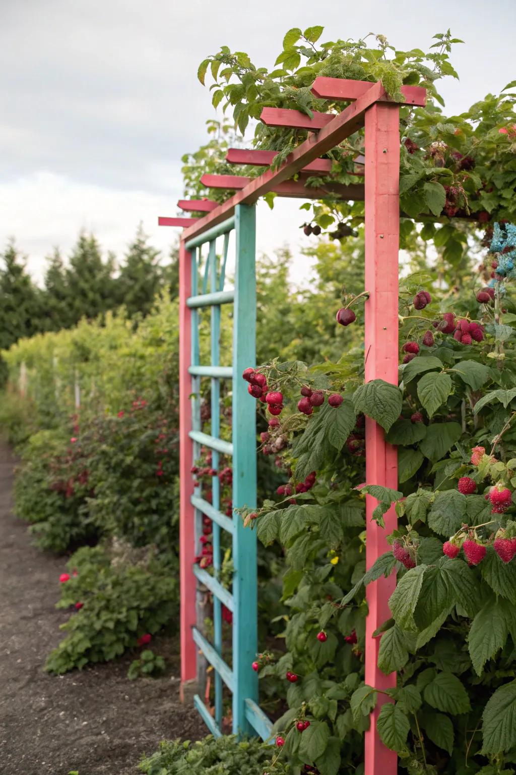 A vibrantly painted trellis brings a sense of happiness and color to any raspberry garden.