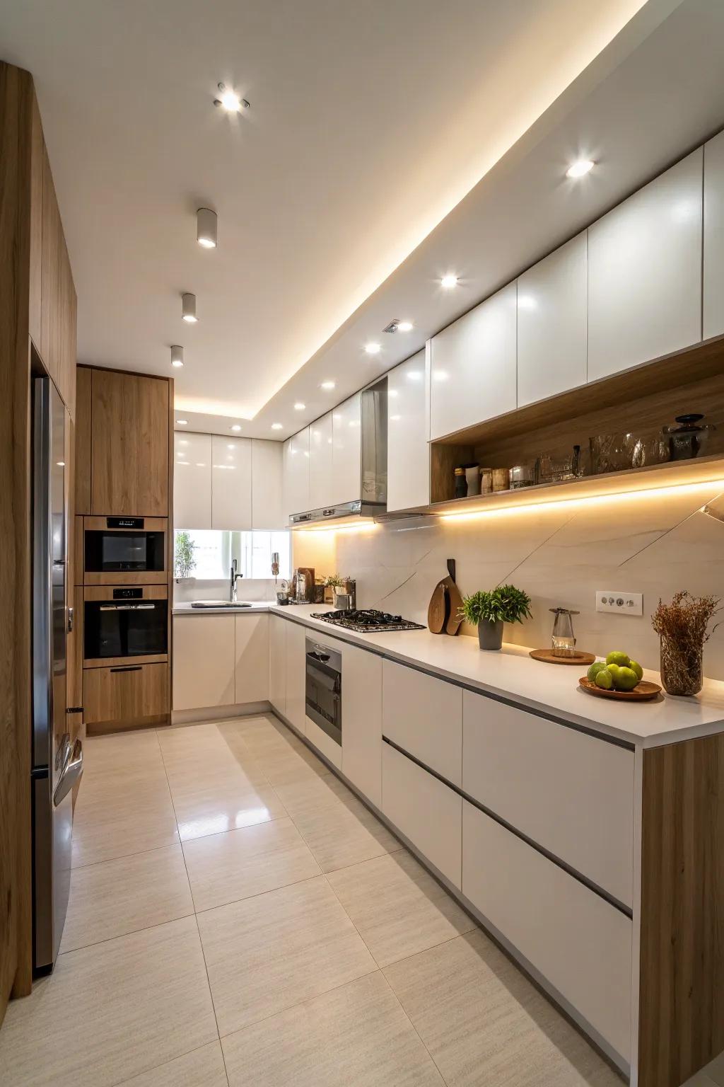 Subtle lighting accentuates the kitchen's elegance.