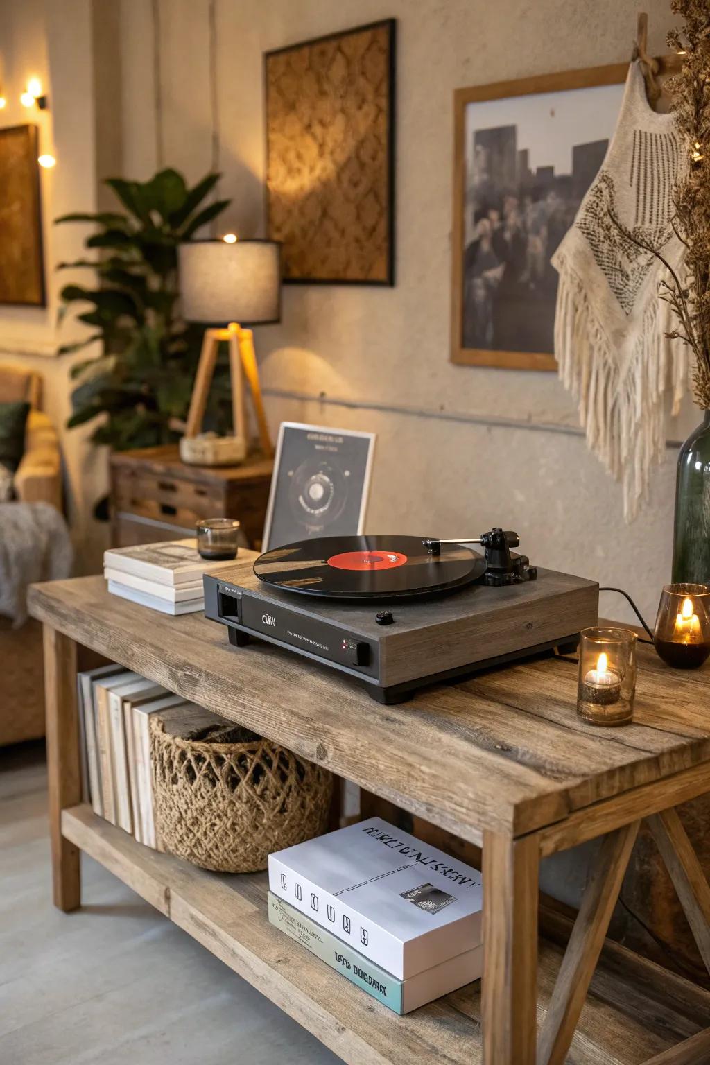 Rustic charm in a record player space.