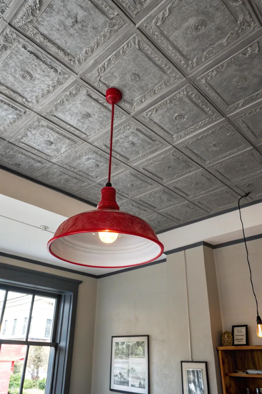 A grey ceiling accentuated by a striking red light fixture.
