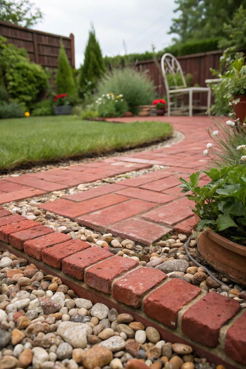 A red brick patio beautifully accentuated using pebbled ground covering