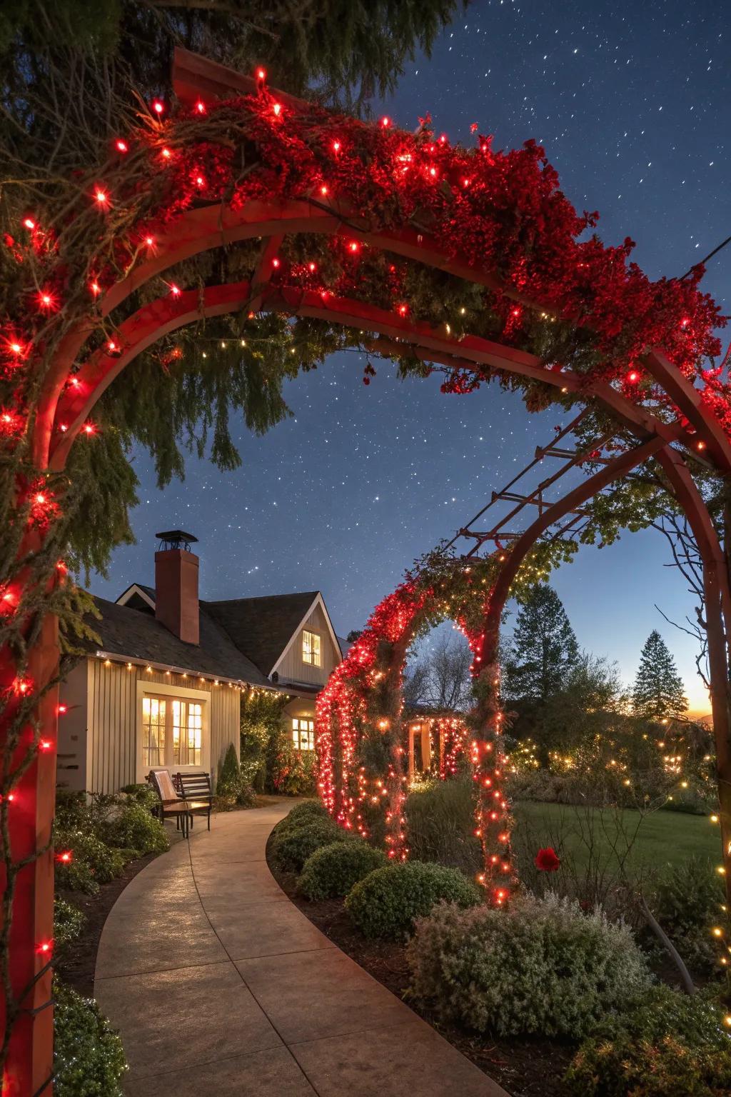 Crimson exterior lights establishing a festive glow.