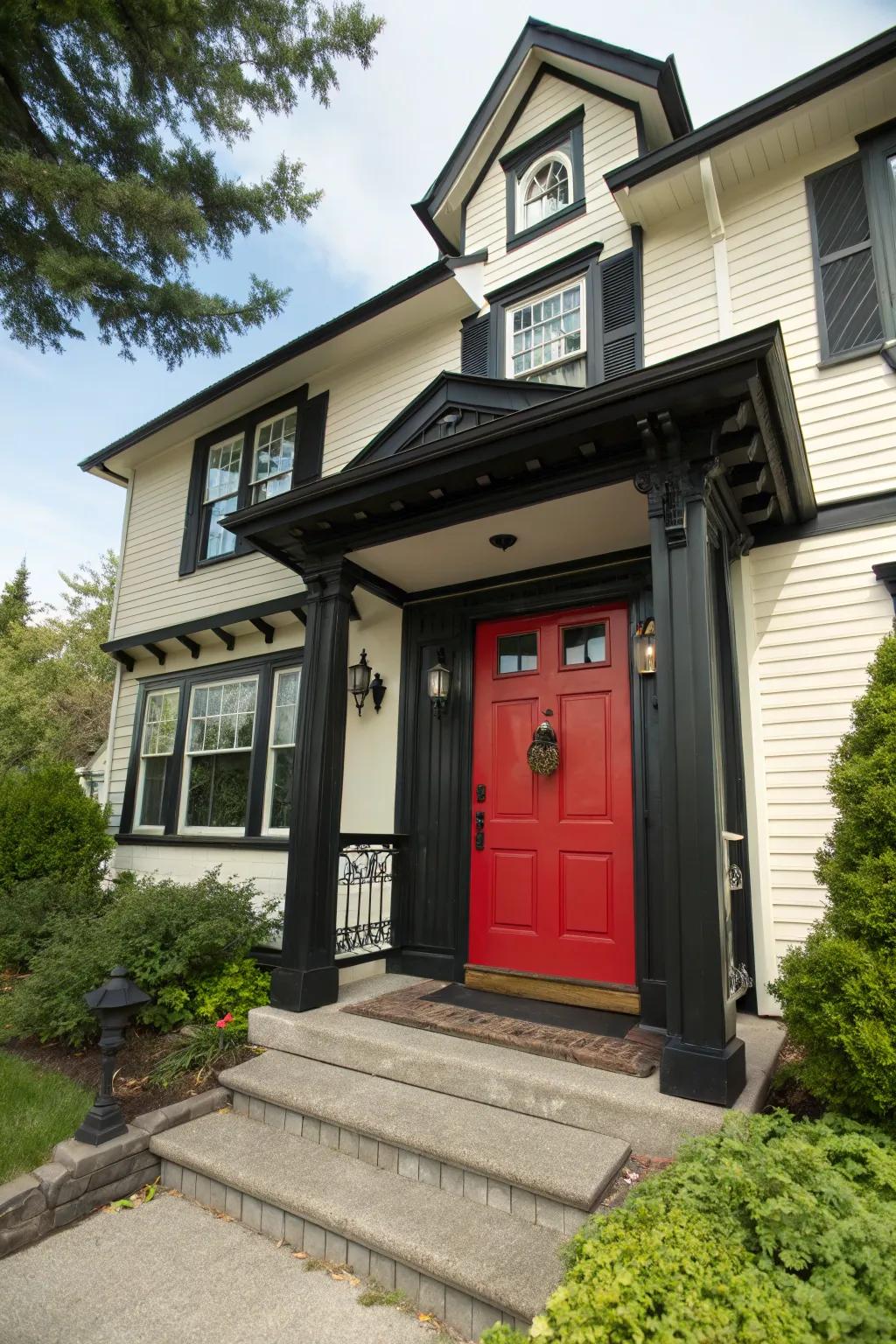 Residence with a red entrance and ebony trim, epitomizing timeless elegance.