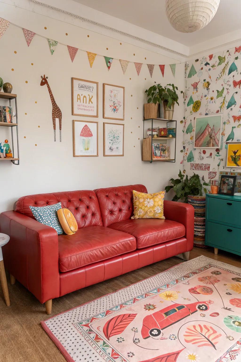 Whimsical components impart a sensation of enjoyment and ingenuity to a space featuring a scarlet hide settee.