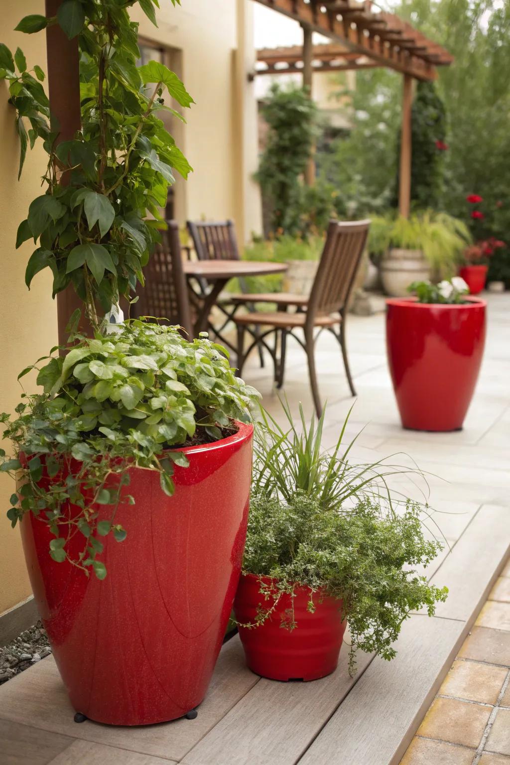 Scarlet containers and lush greenery create a harmonious setting.