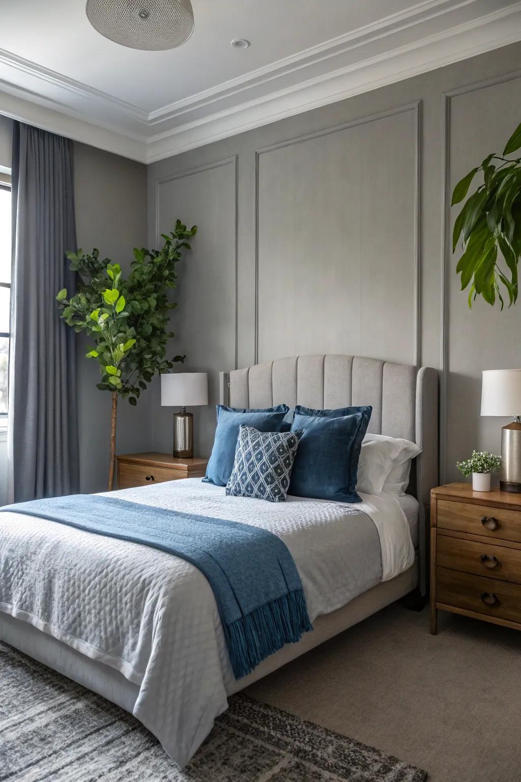 A bright spot adds vibrancy to a repose gray bedroom.
