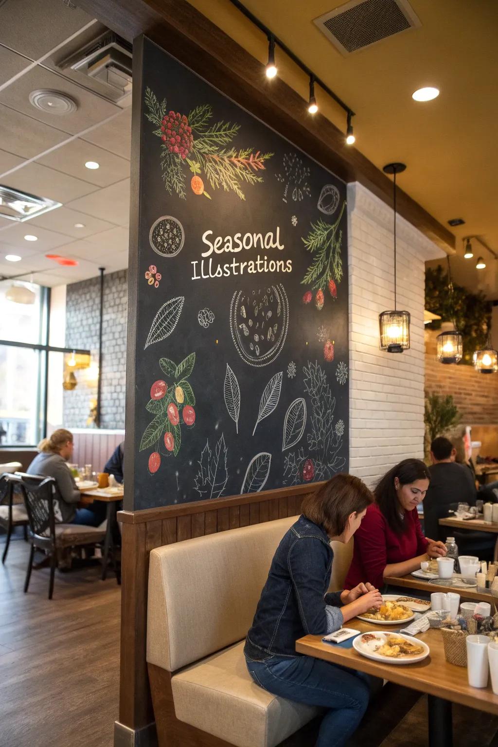 A chalkboard adorned with seasonal illustrations, enhancing the restaurant's inviting atmosphere.
