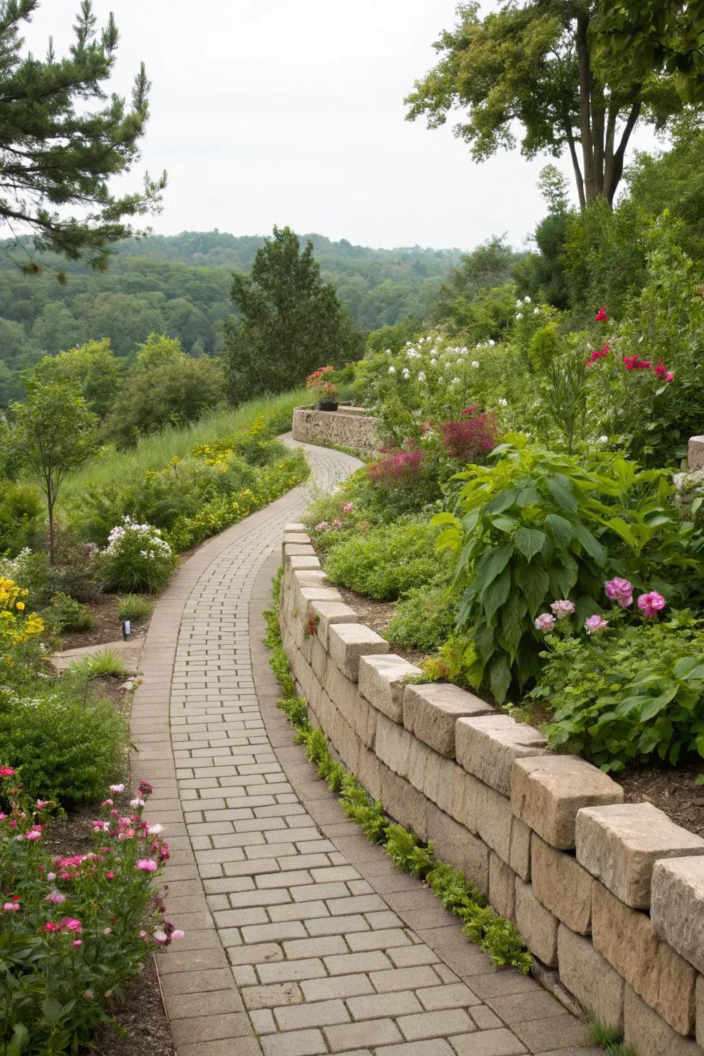 Garden pathway elegantly lined with retaining wall blocks, inviting exploration.
