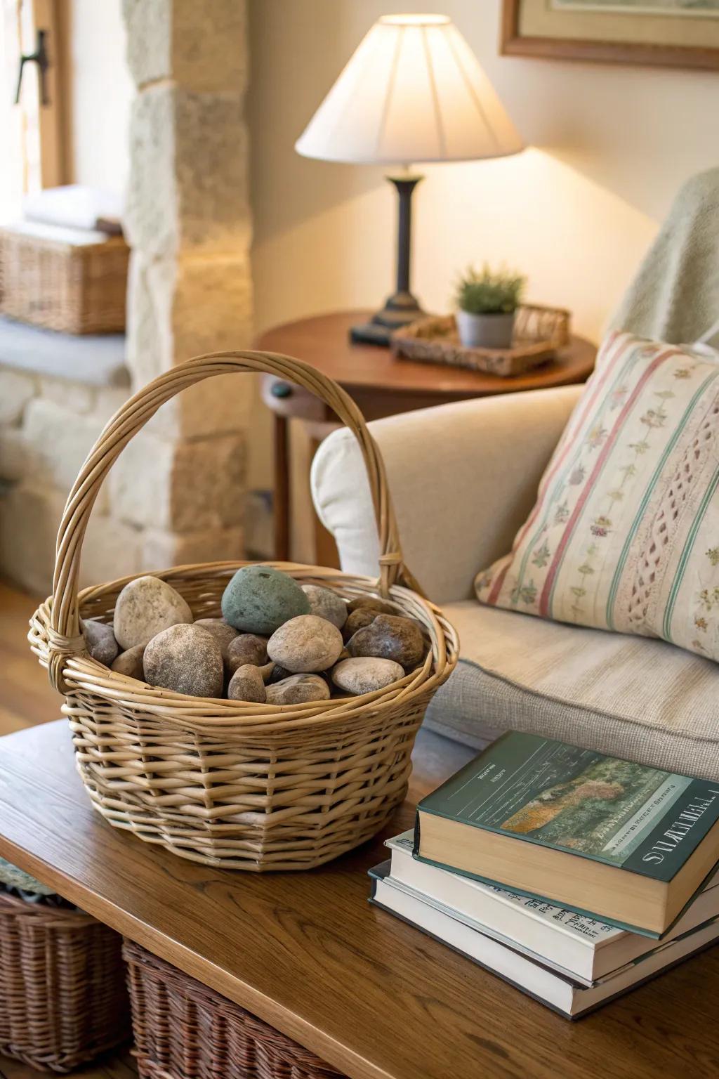 A basket adding rustic charm with stones