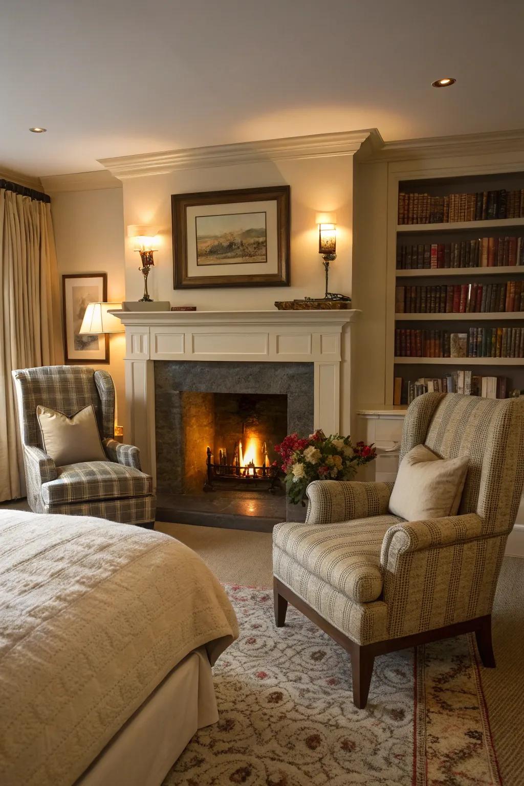 A fireplace furnishes warmth and romantic ambiance.