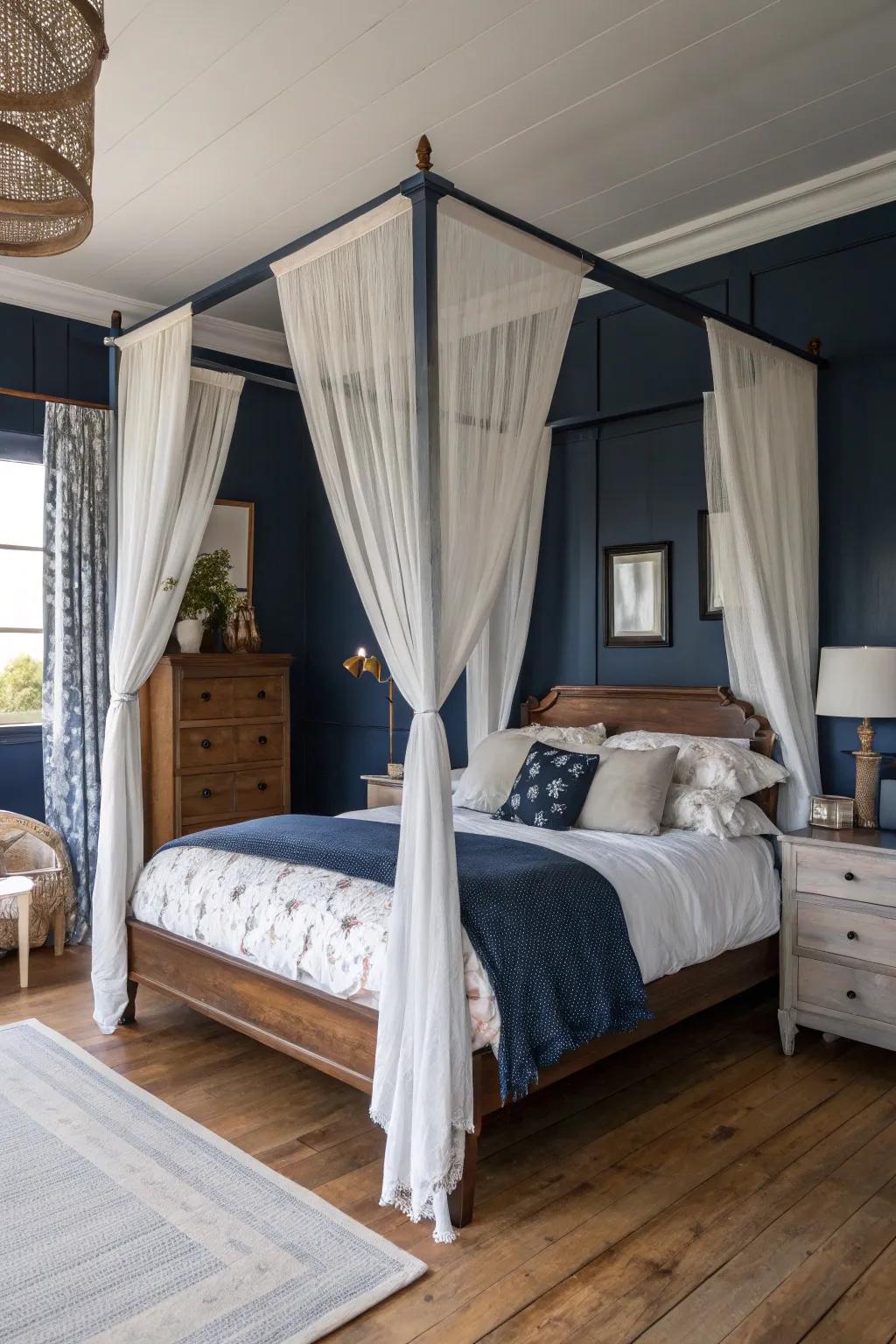 A canopy bed includes a dreamy, romantic touch to your deep blue haven.