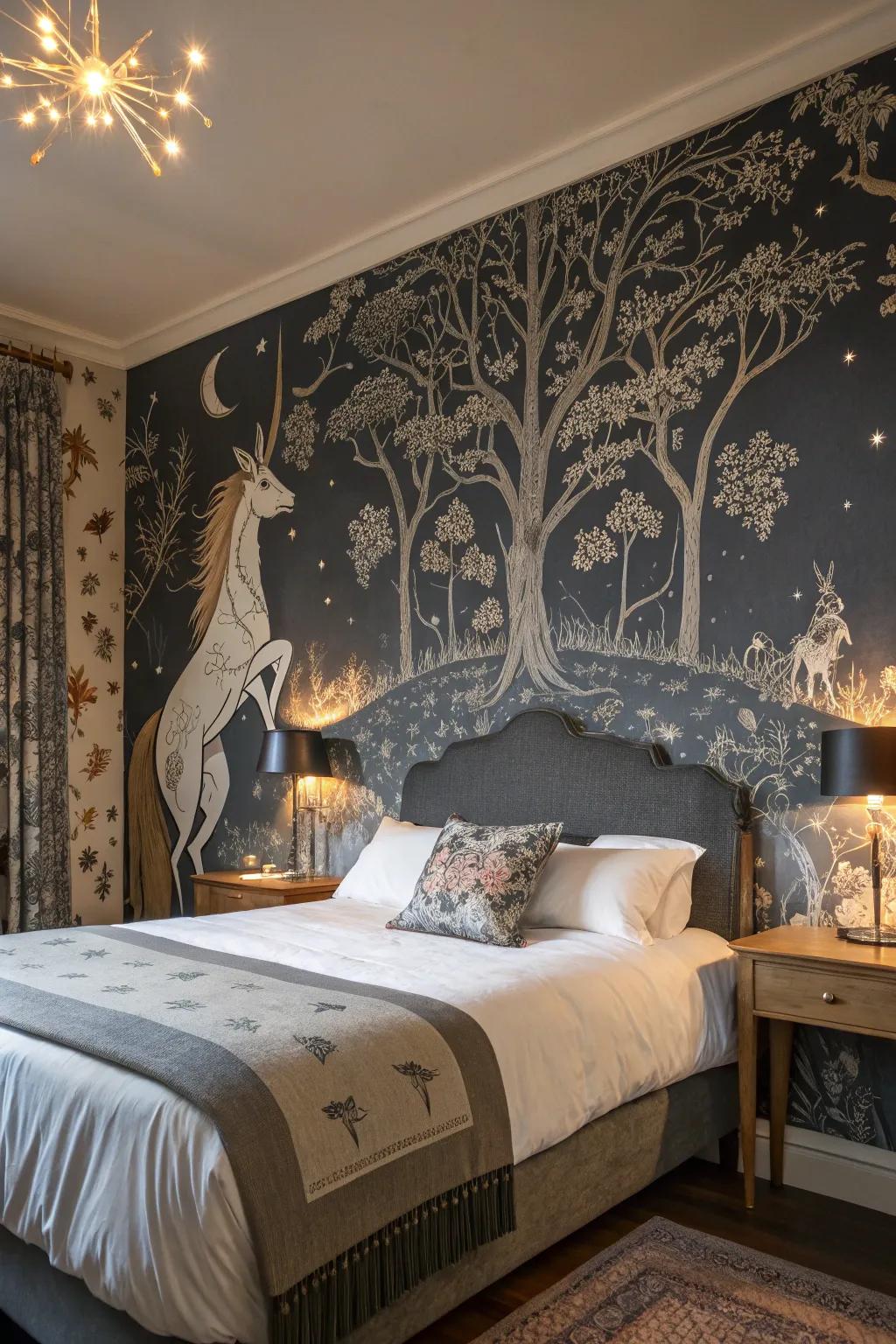 Whimsical wallpapers inject a fairy-tale charm to the Victorian Gothic décor.