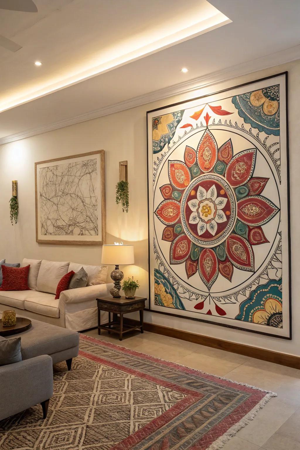 A room grounded by a striking piece of wall decor.