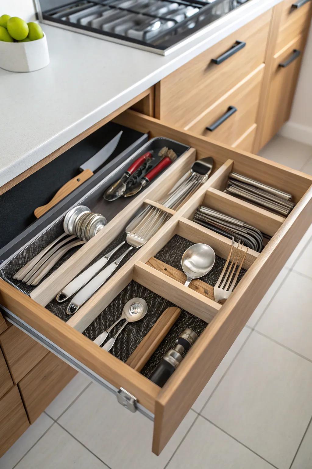 Drawer dividers offer structured compartments for effortless access.