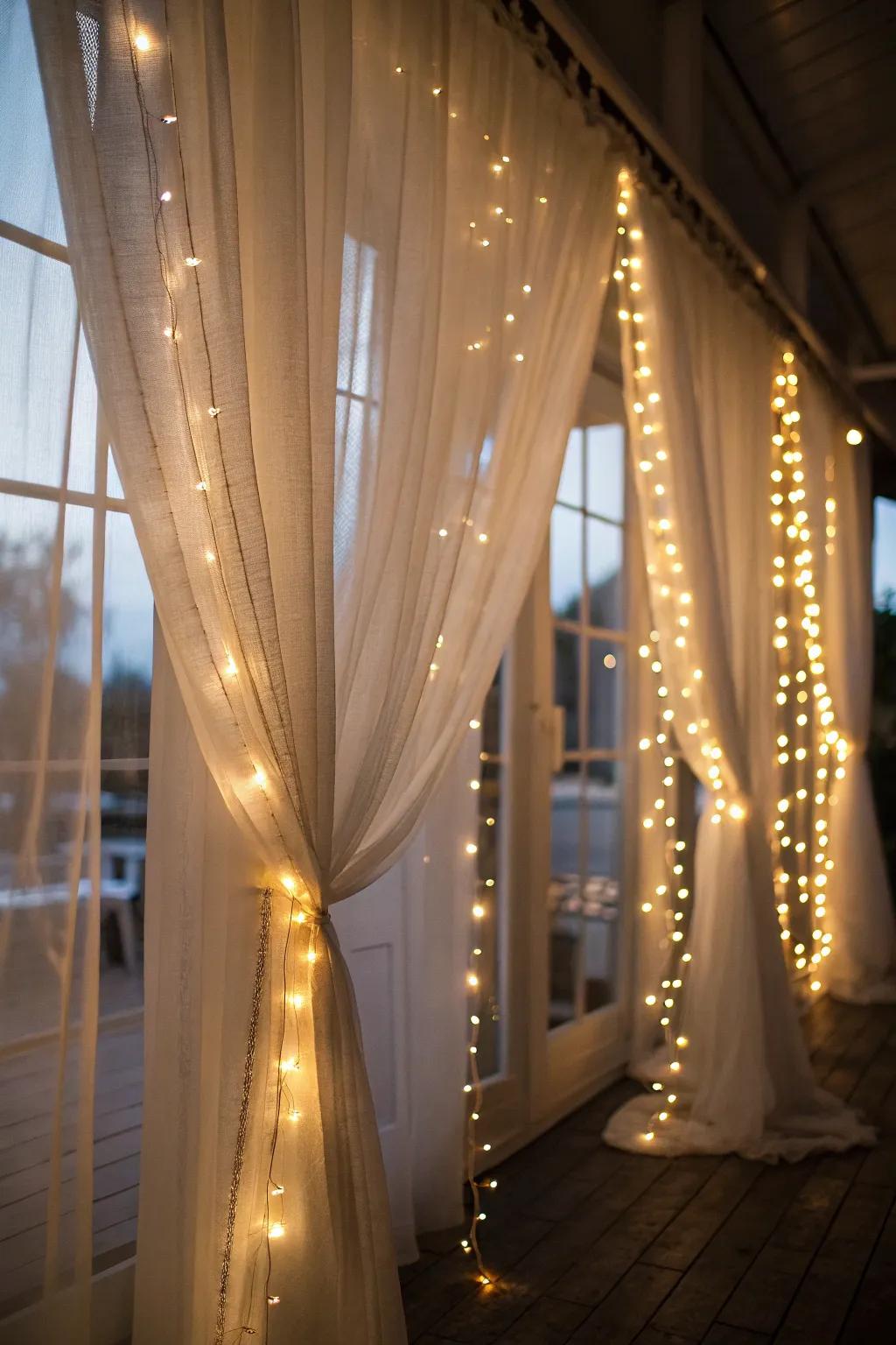 Design a soft, romantic radiance with optical strands and sheer curtains.