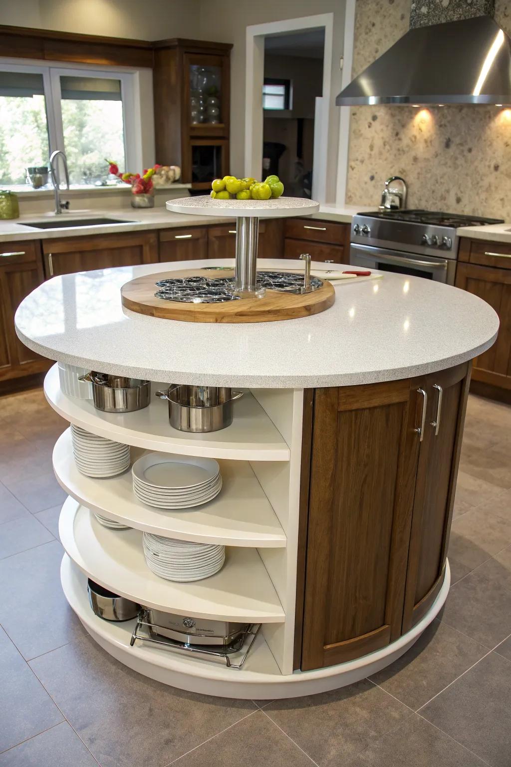 Multi-level surfaces contribute versatility to a circular kitchen island.