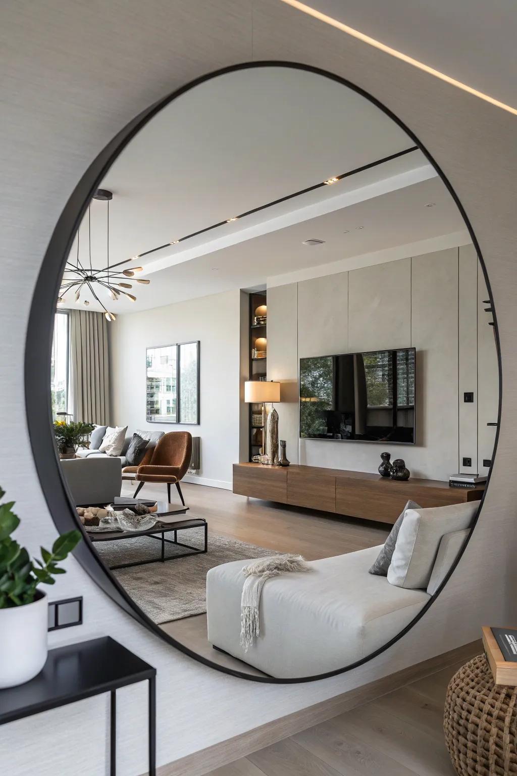 Borderless circular mirror providing a seamless and modern look.