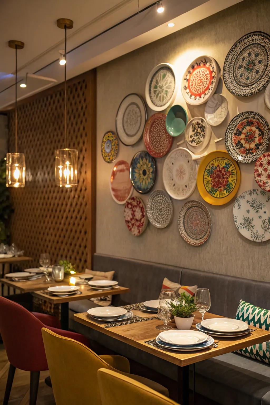 A dining area showcasing a varied display of circular ceramics on the wall.