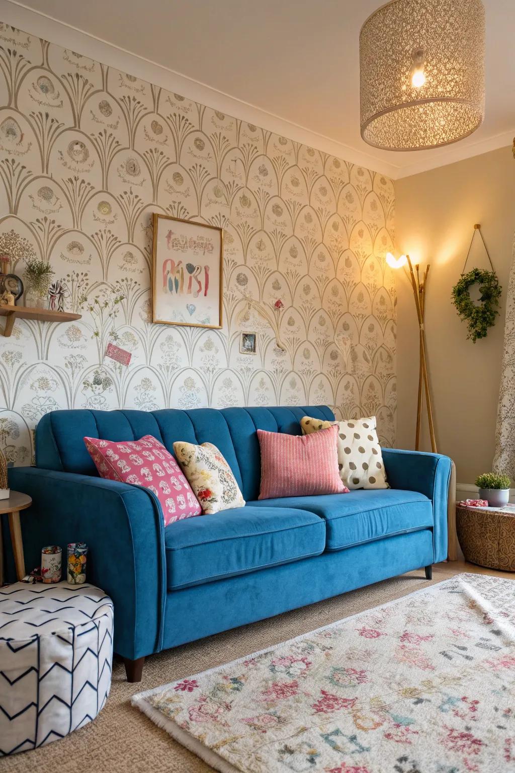 Playful patterns deliver a whimsical contrast to the formal sapphire-colored couch.
