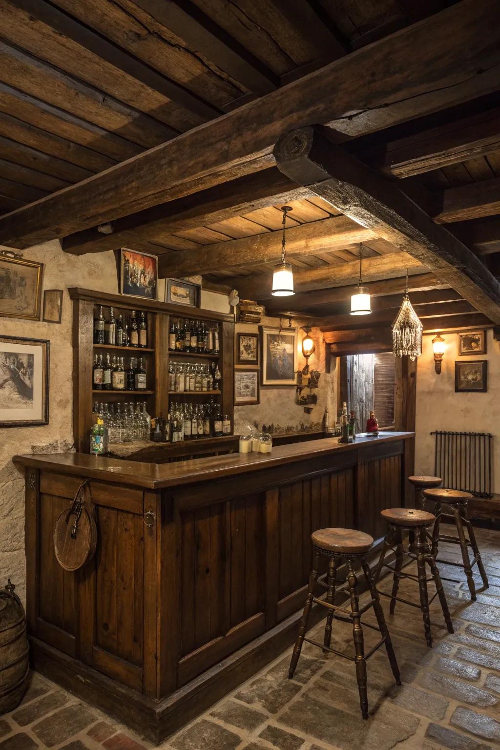 Timber beam ceiling enhancing the country-style charm of the bar.