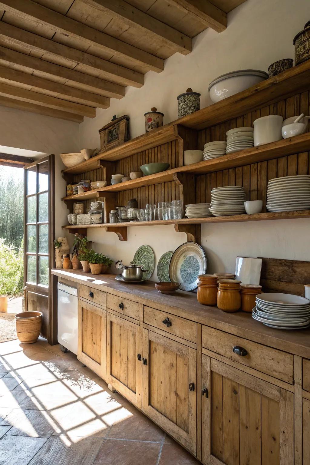 A kitchen featuring open storage with countryside charm.