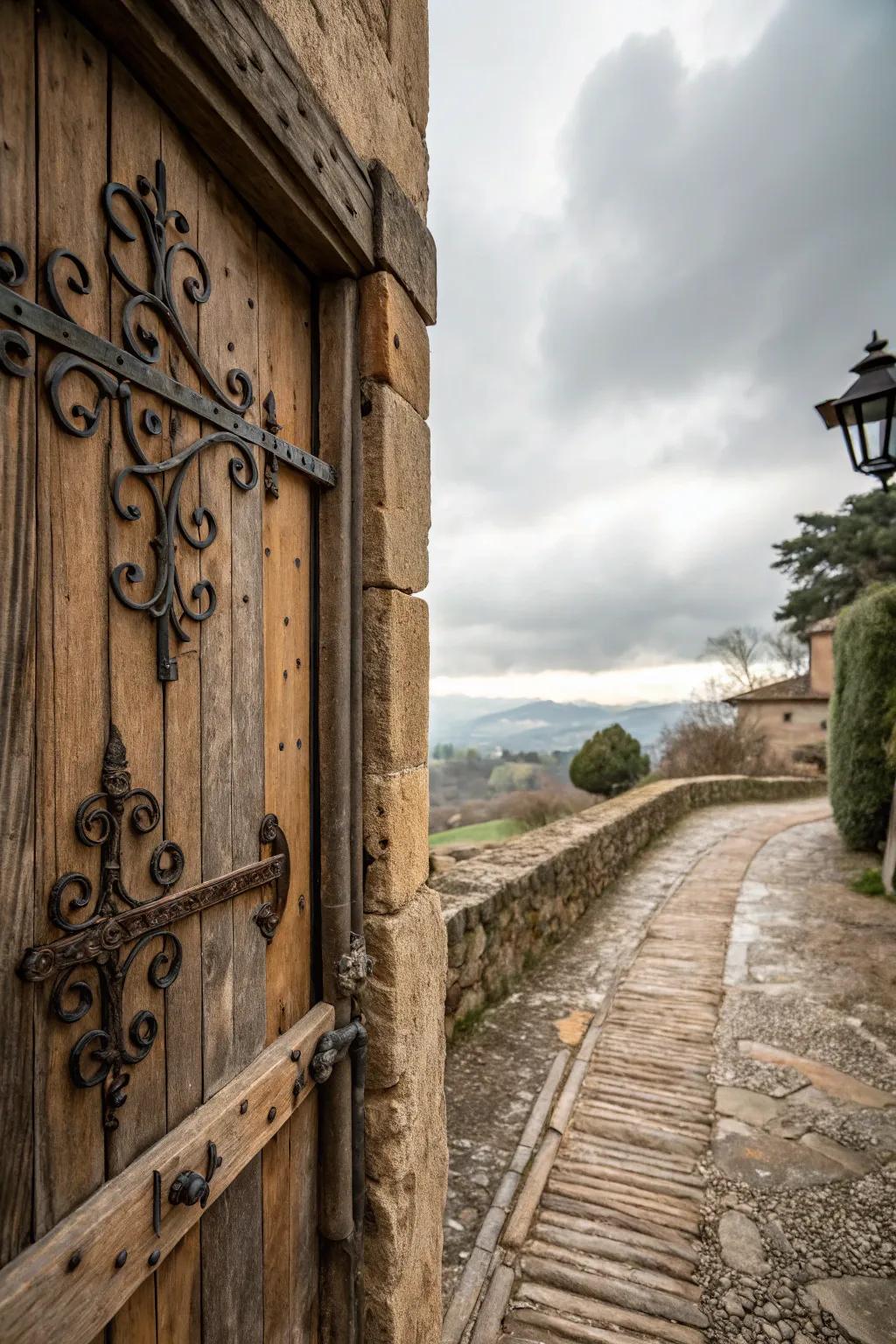 Rural hardware adorns a doorway casing, appending authenticity and style.