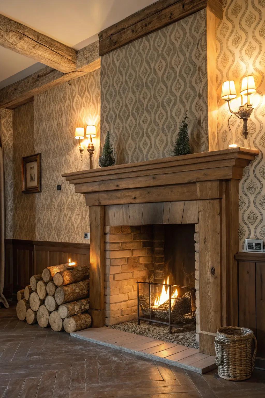 Textured wallpaper includes depth and interest to this countryside fireplace.