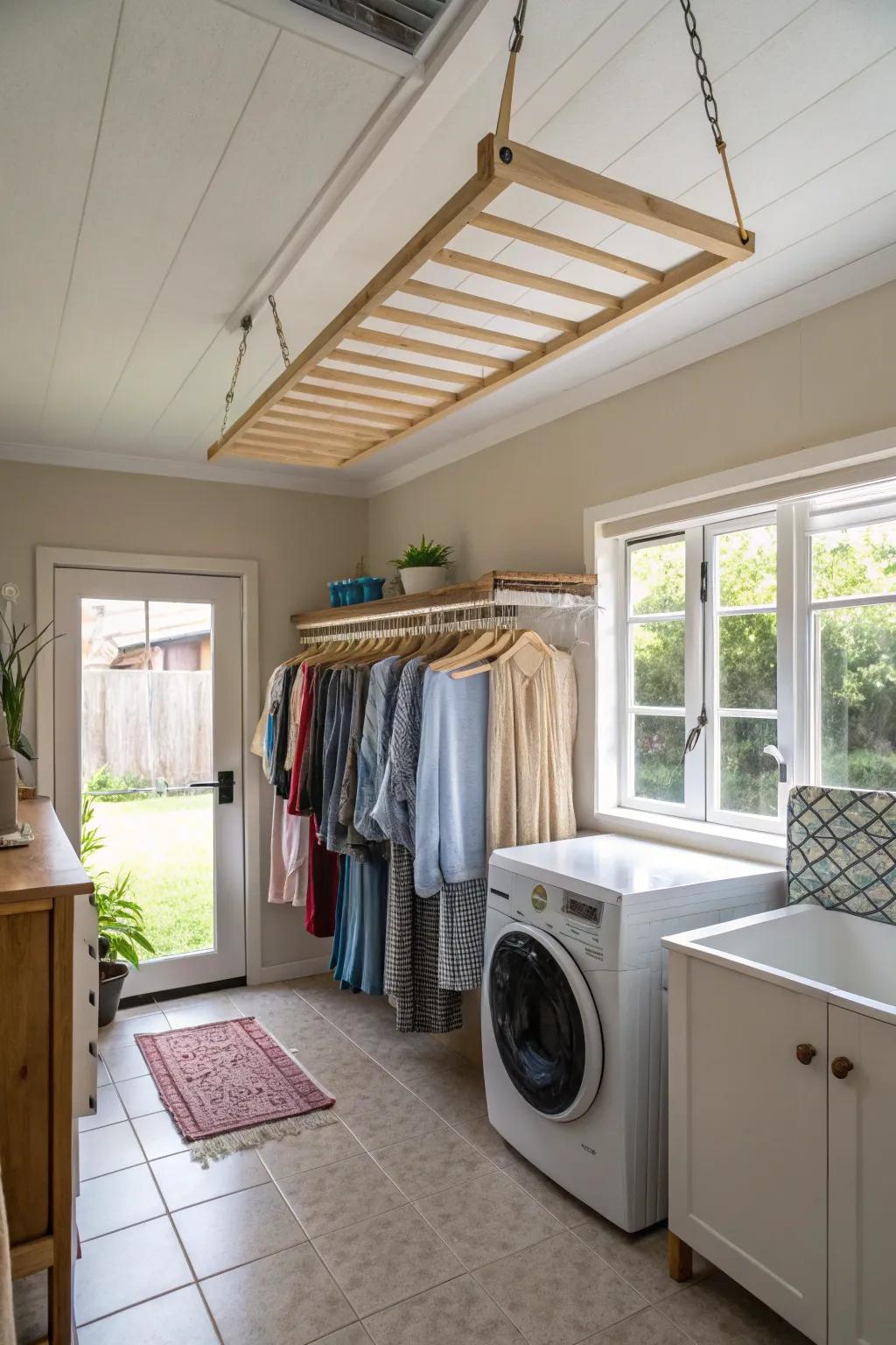 A hanging drying rack is both practical and vintage-inspired.