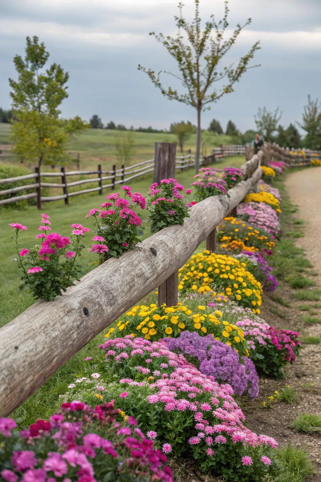 An elevated log fence adds a whimsical element to a colorful garden landscape.