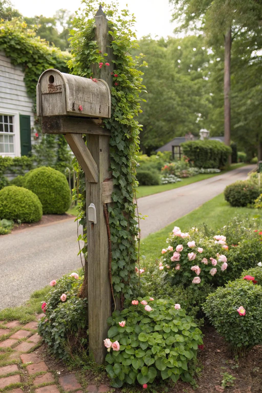 A garden trellis sustains greenery, adding life to this mailbox support.