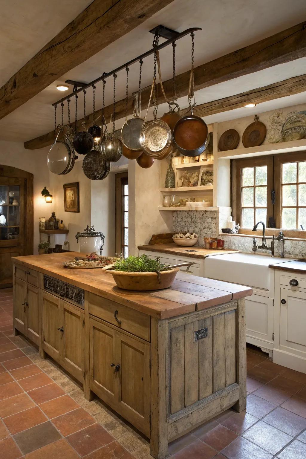 Dangling pots and pans inject a practical yet decorative flourish.