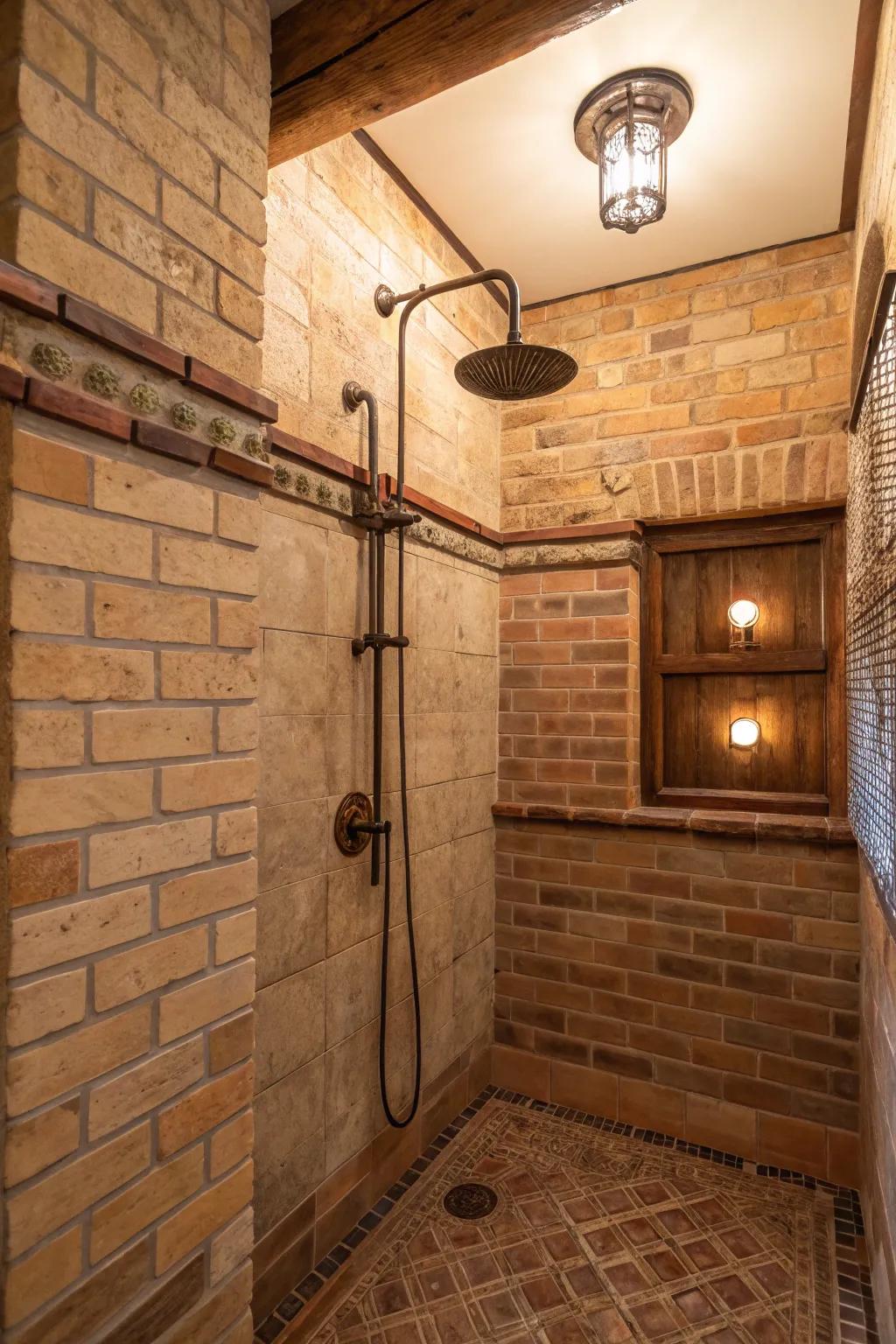 Brick tiling introduces a cozy and inviting farmhouse vibe.