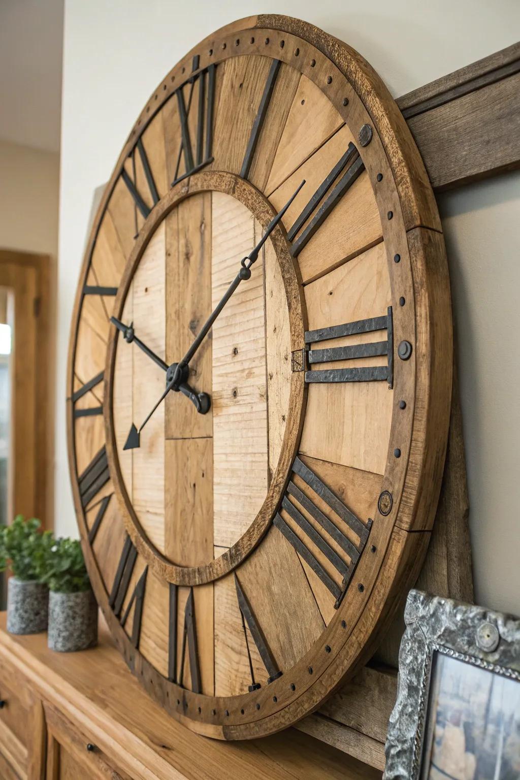 A country-inspired wall clock featuring repurposed timber elements incorporates charm and practicality.