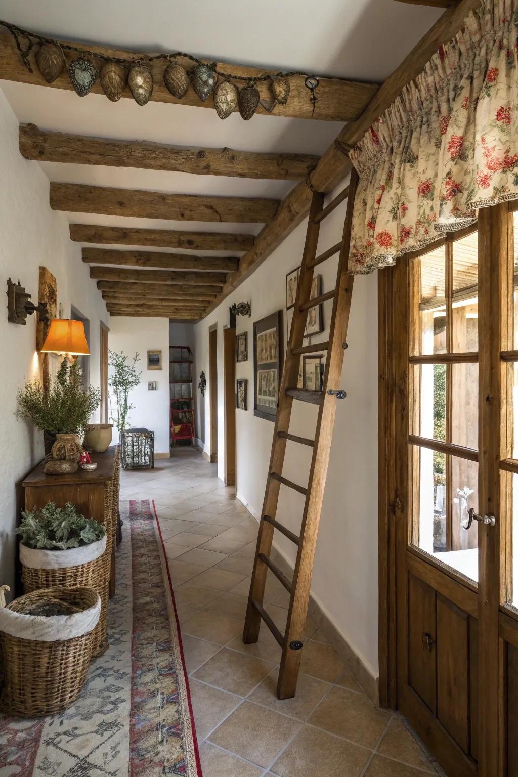 An eclectic hallway featuring a valance crafted from a repurposed wood steps.