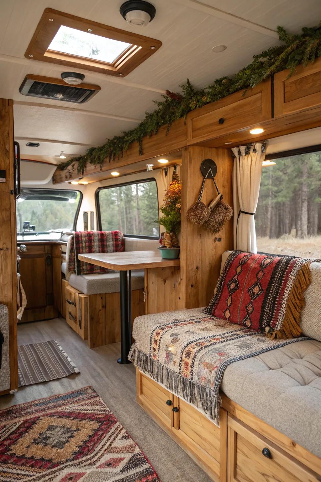 Rustic charm crafts a snug, welcoming RV interior.