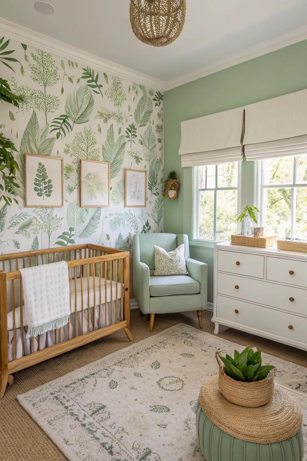 Botanical art reinforces the natural aesthetic of a verdant mist nursery.
