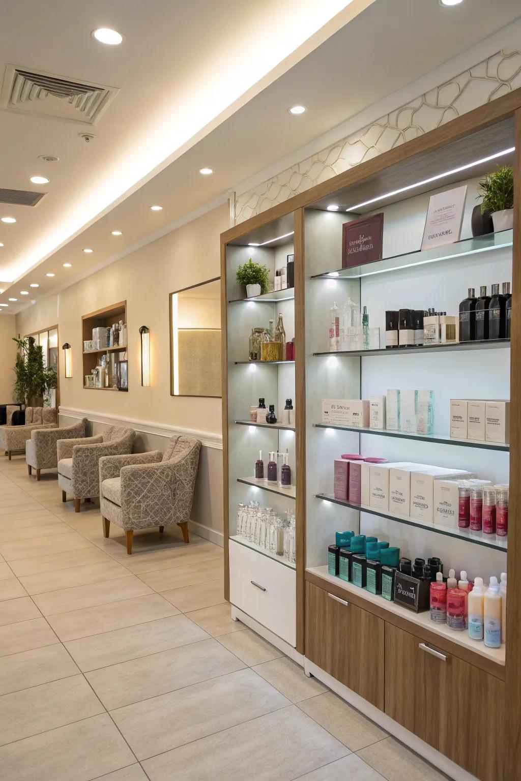 A salon reception with a neat and attractive product display.